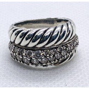 David Yurman Thoroughbred Sterling Silver 925 & Diamond 12mm Crossover Ring 6